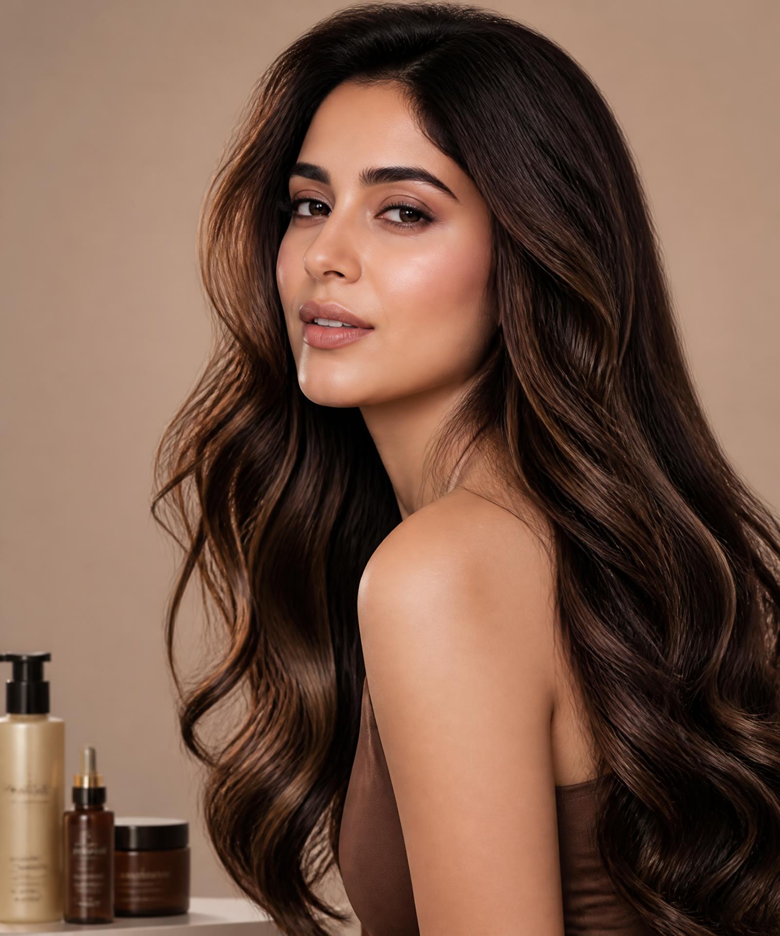 Editorial portrait of model with glossy, voluminous hair extensions styled at Cortex Hair Indore