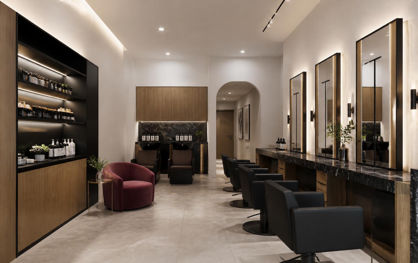 Interior of the Cortex Hair Indore studio with styling stations and warm lighting